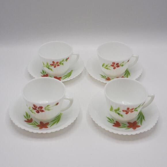 Macbeth Evans Monax Petalware Florette Red Floral Teacup & Saucer Lot of 4 - Picture 1 of 6